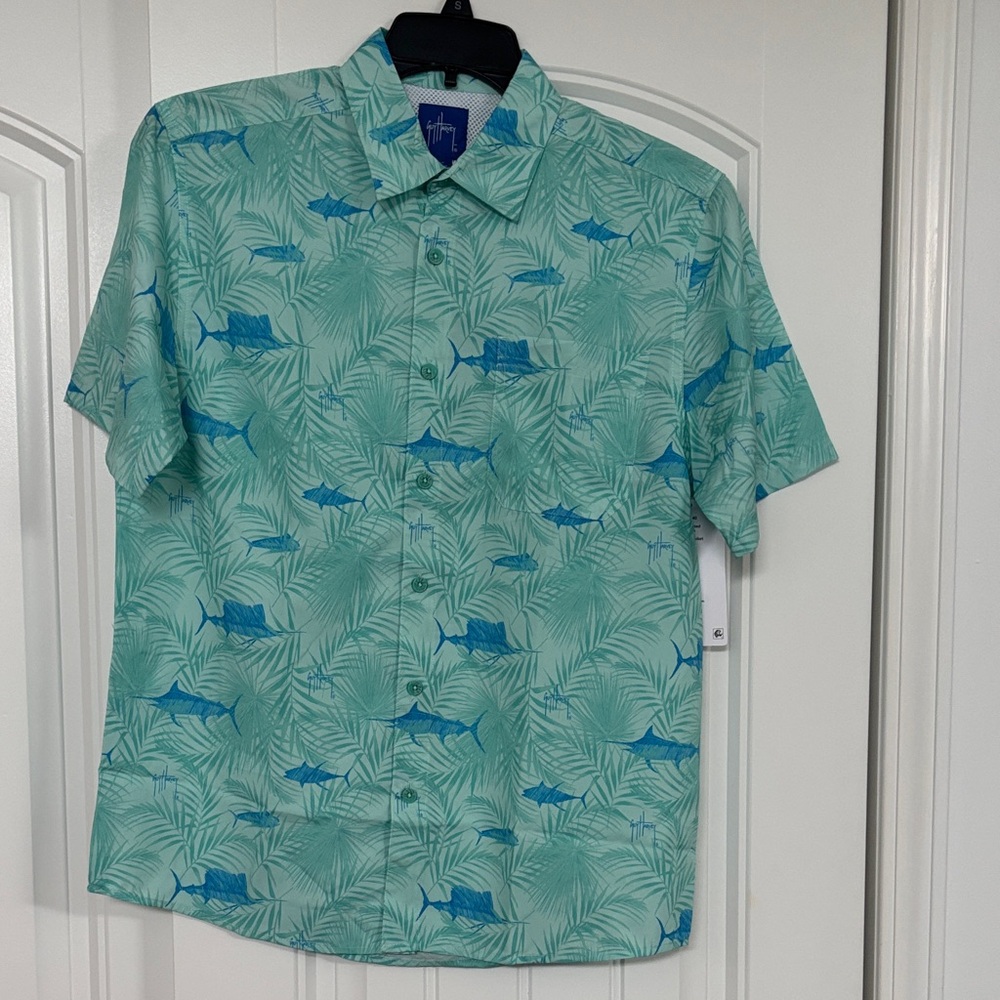 Guy Harvey teal and blue button down. Marlin and sailfish. Men size small NWT